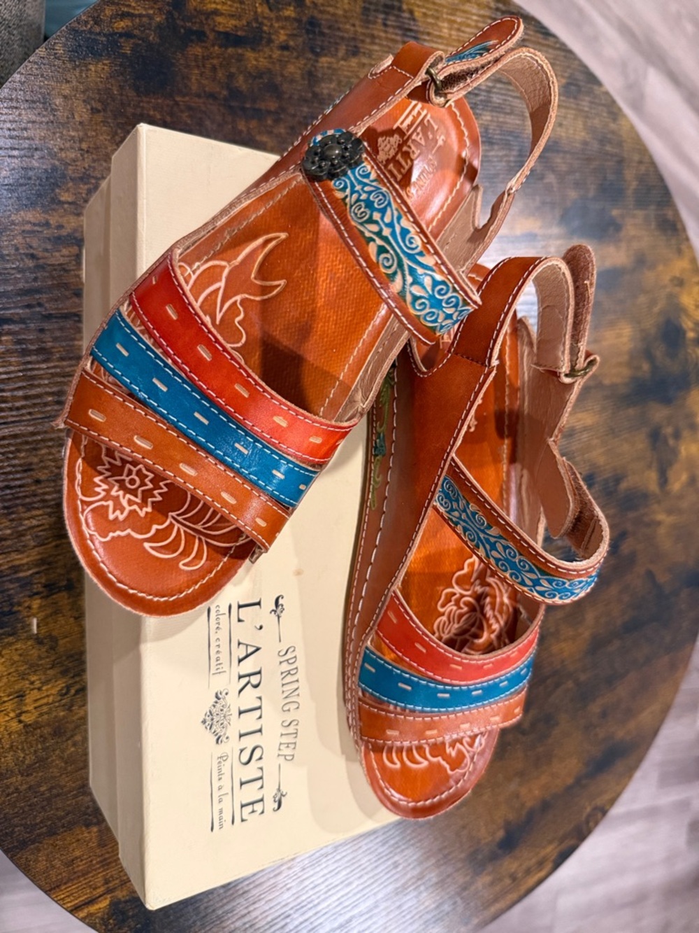 L'ATISTE Orange Leather Sandals with Blue and Red Accents